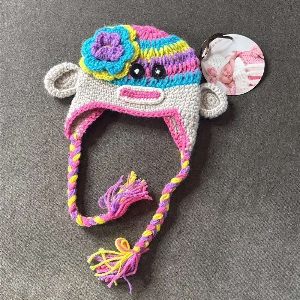 Daisy Baby Sock Monkey Infant Beanie Hat Multicolor Flower 0-6 months NEW